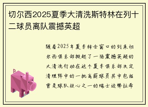 切尔西2025夏季大清洗斯特林在列十二球员离队震撼英超