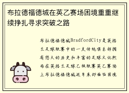 布拉德福德城在英乙赛场困境重重继续挣扎寻求突破之路