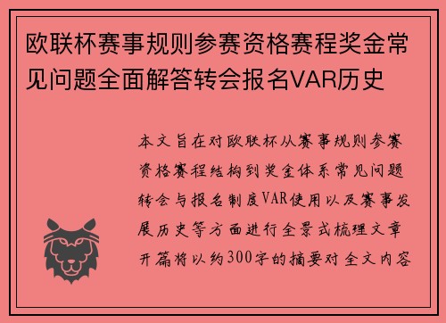 欧联杯赛事规则参赛资格赛程奖金常见问题全面解答转会报名VAR历史